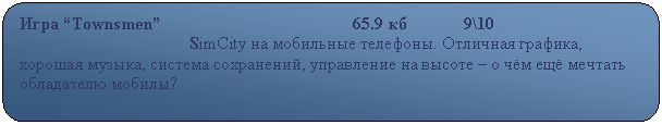 Скругленный прямоугольник: Игра “Townsmen”                                            65.9 кб             9\10
                                       SimCity на мобильные телефоны. Отличная графика, хорошая музыка, система сохранений, управление на высоте – о чём ещё мечтать обладателю мобилы?                                                                                                       

