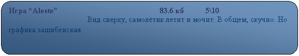 Скругленный прямоугольник: Игра “Aleste”                                                    83.6 кб           5\10
                                        Вид сверху, самолётик летит и мочит. В общем, скучно. Но графика зашибенская.
