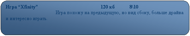 Скругленный прямоугольник: Игра “Xfinity”                                                  120 кб            8\10
                                        Игра похожу на предыдущую, но вид сбоку, больше драйва и интересно играть.

