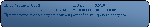 Скругленный прямоугольник: Игра “Splinter Cell 2”                               128 кб           9.5\10
                                     Аналогична одноимённой компьютерной игре. Присутствуют потрясающая графика и разнообразие игрового процесса. 
